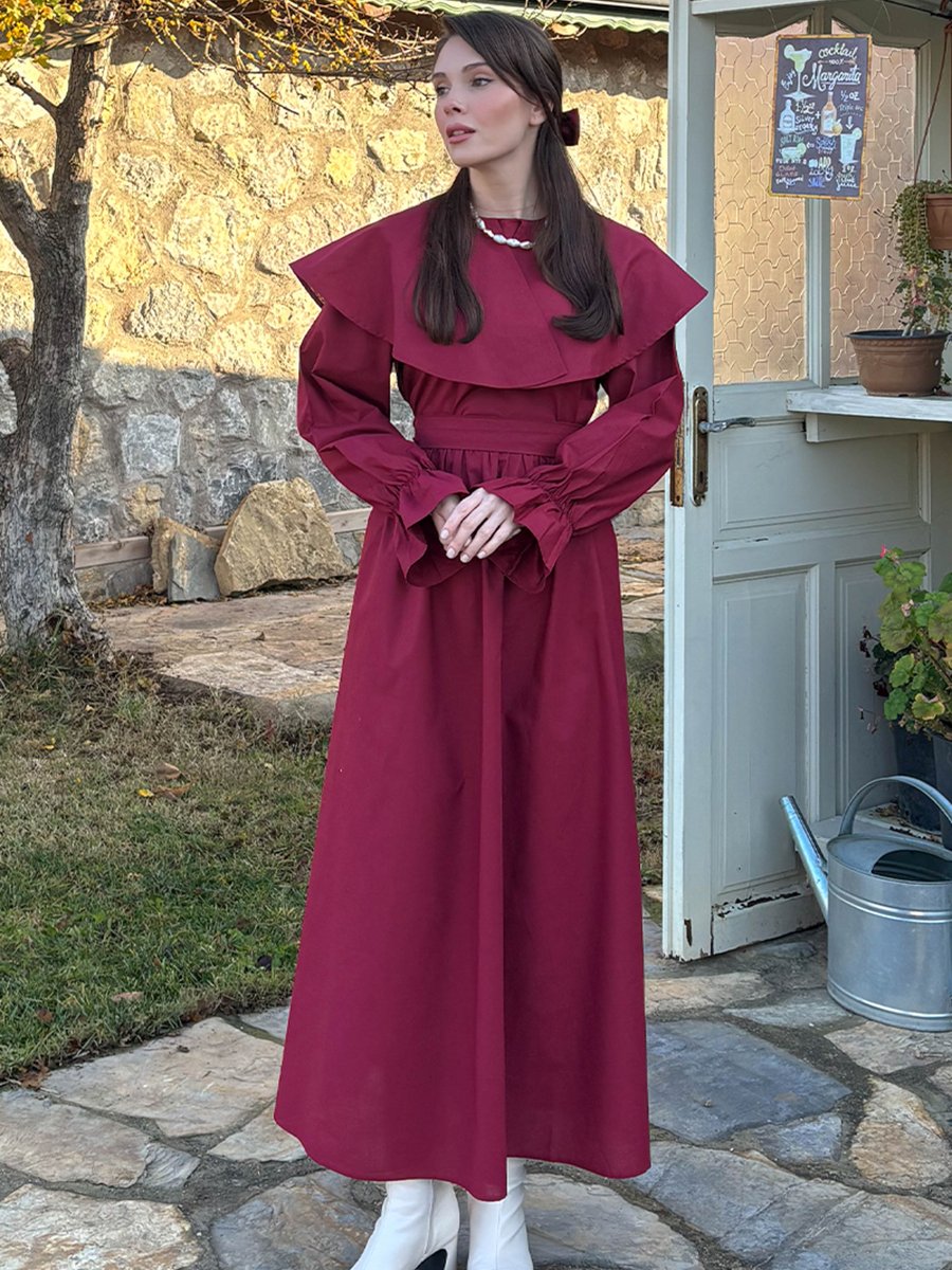 Ceylan Otantik Bordo Geniş Yakalı Marul Kol Elbise