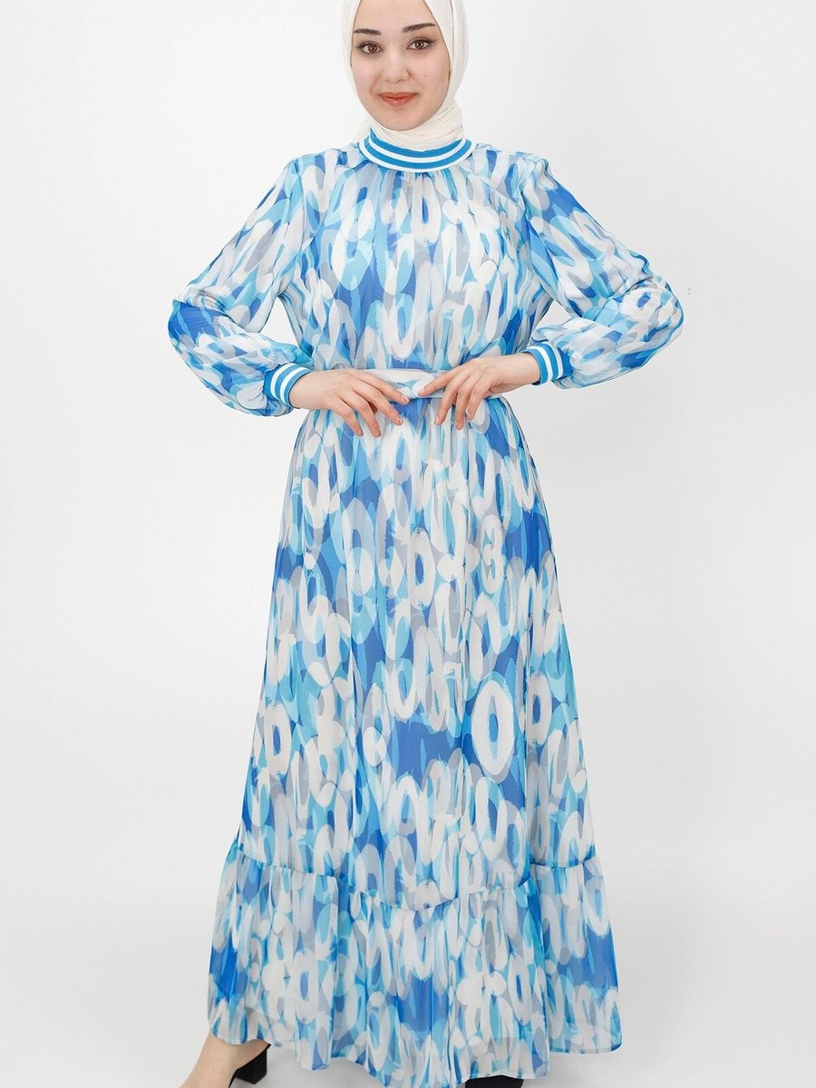 Butik Mavi Desenli Şifon Elbise