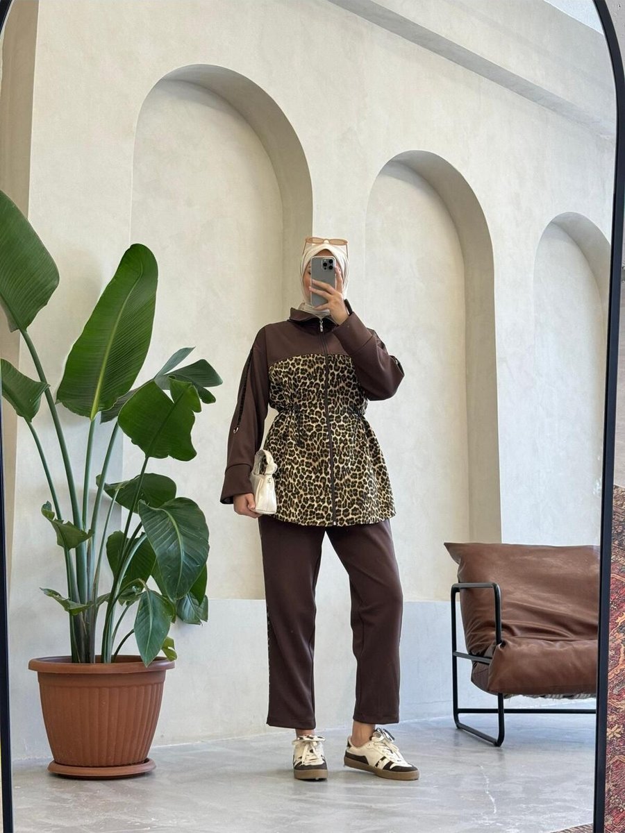 Tuğba Leopar Desenli Kahverengi Takım