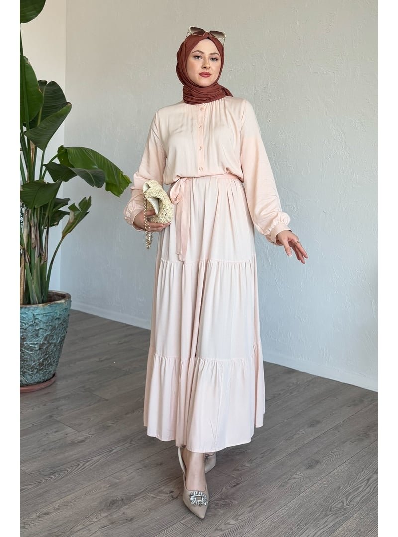 InStyle Kuşaklı Belmando Pudra Elbise