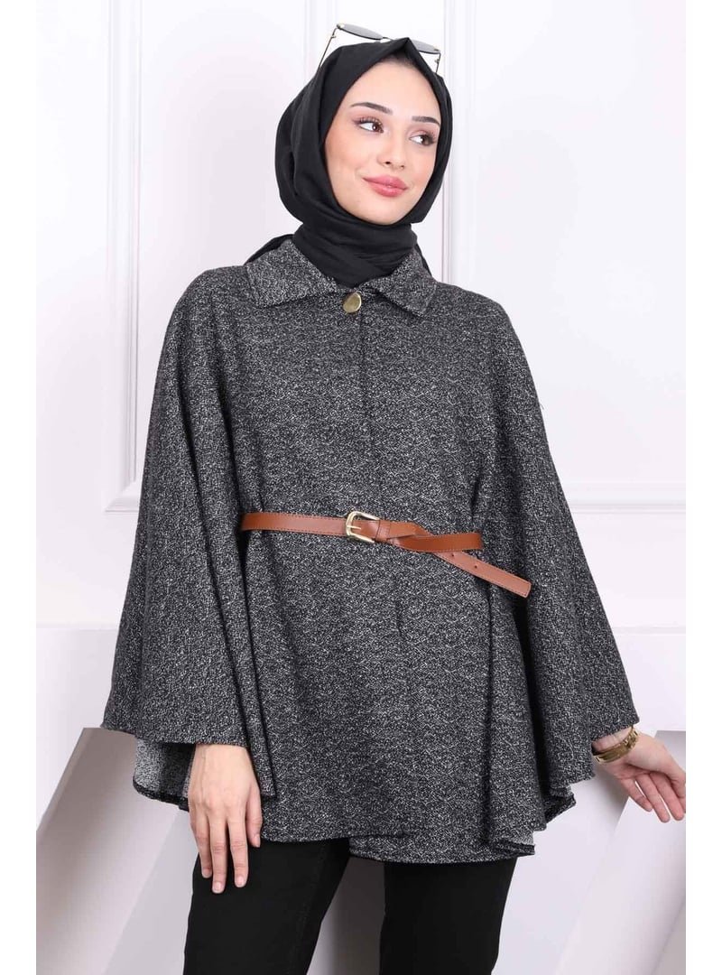 İmaj Butik Siyah Tek Düğmeli Kemerli Panço