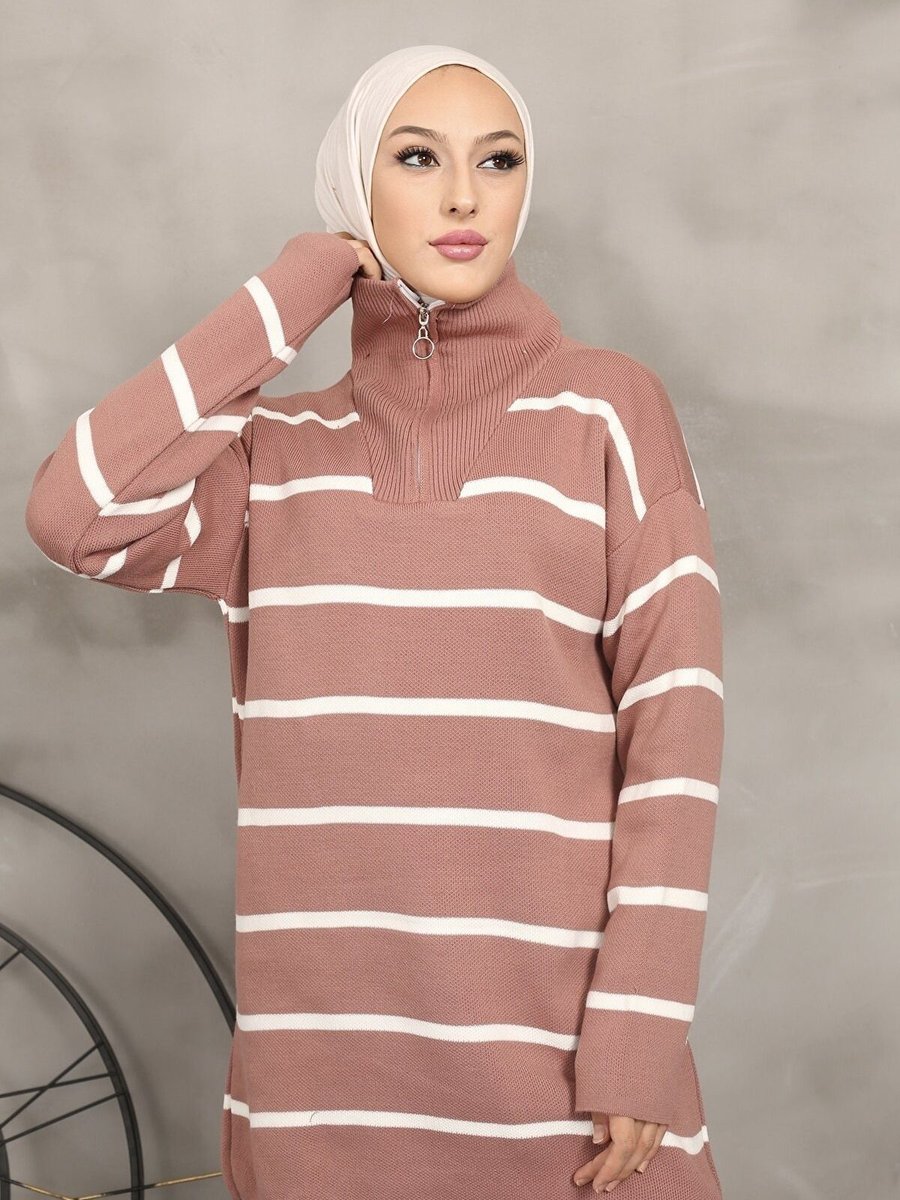 İmajbutik Gülkurusu Cizgili Yaka Fermuarlı Triko Tunik