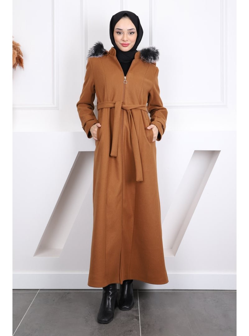 İmaj Butik Taba Bel Kuşaklı Kapüşonlu Pardesü Kaşe Kaban