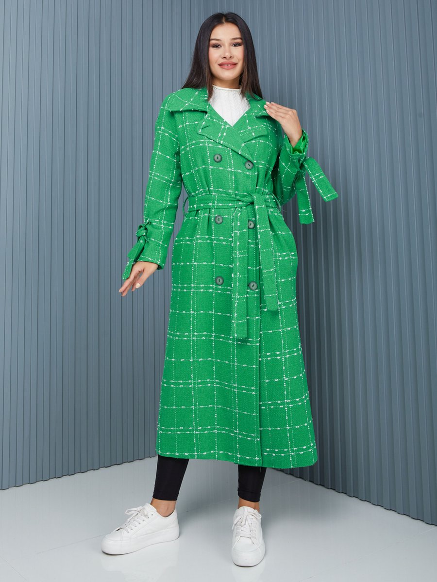 Sahra Afra Yeşil Ekose Kadın Oversize Trençkot