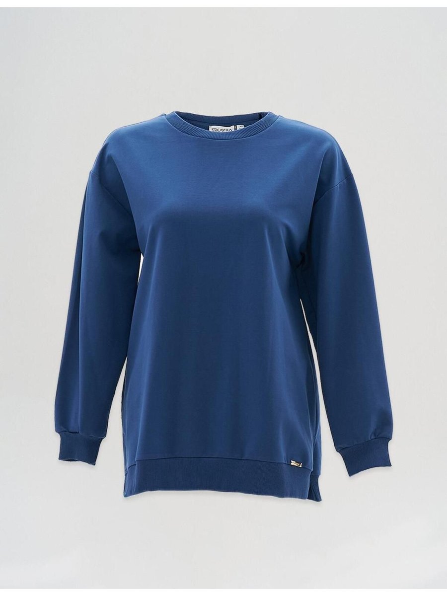 Kayra Sıfır Yaka Düşük Omuz Sweatshirt İndigo