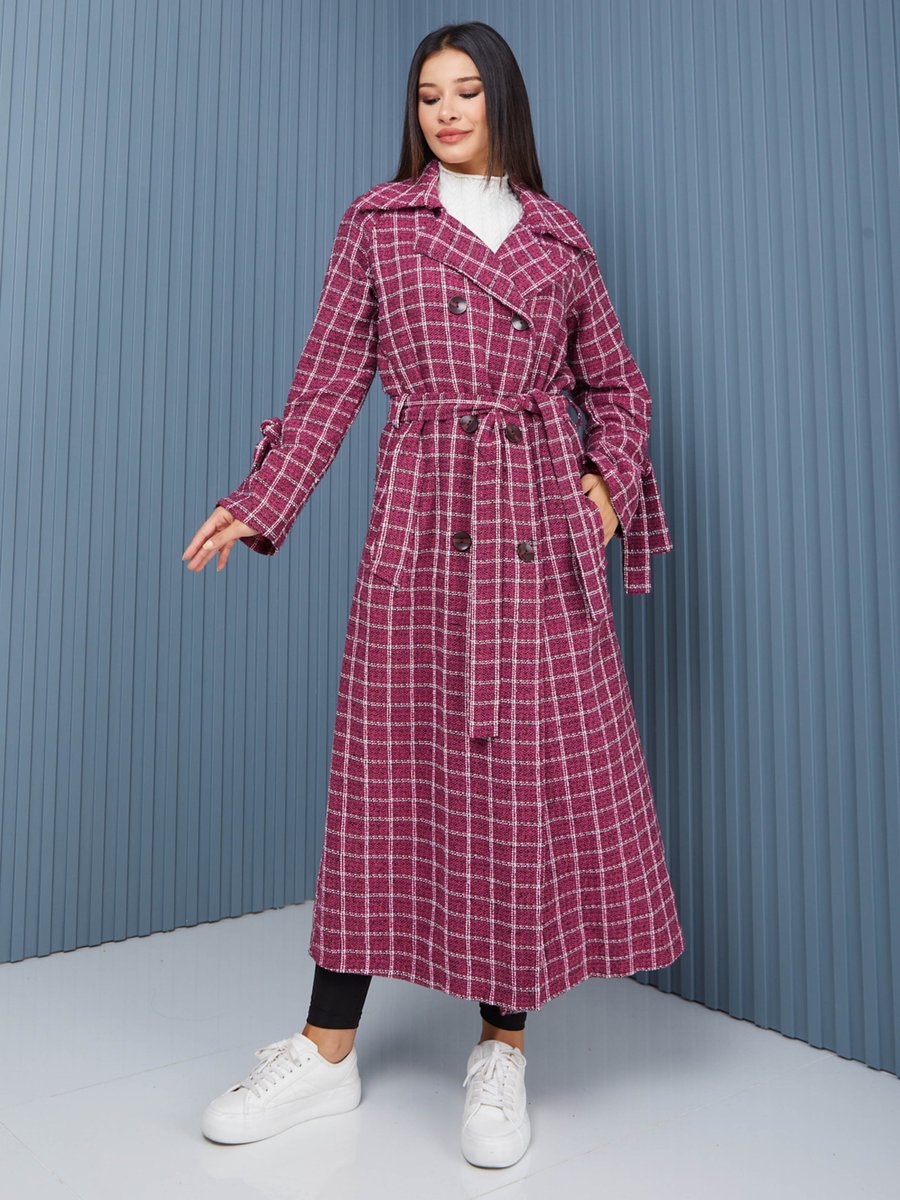 Sahra Afra Fuşya Ekose Kadın Oversize Trençkot