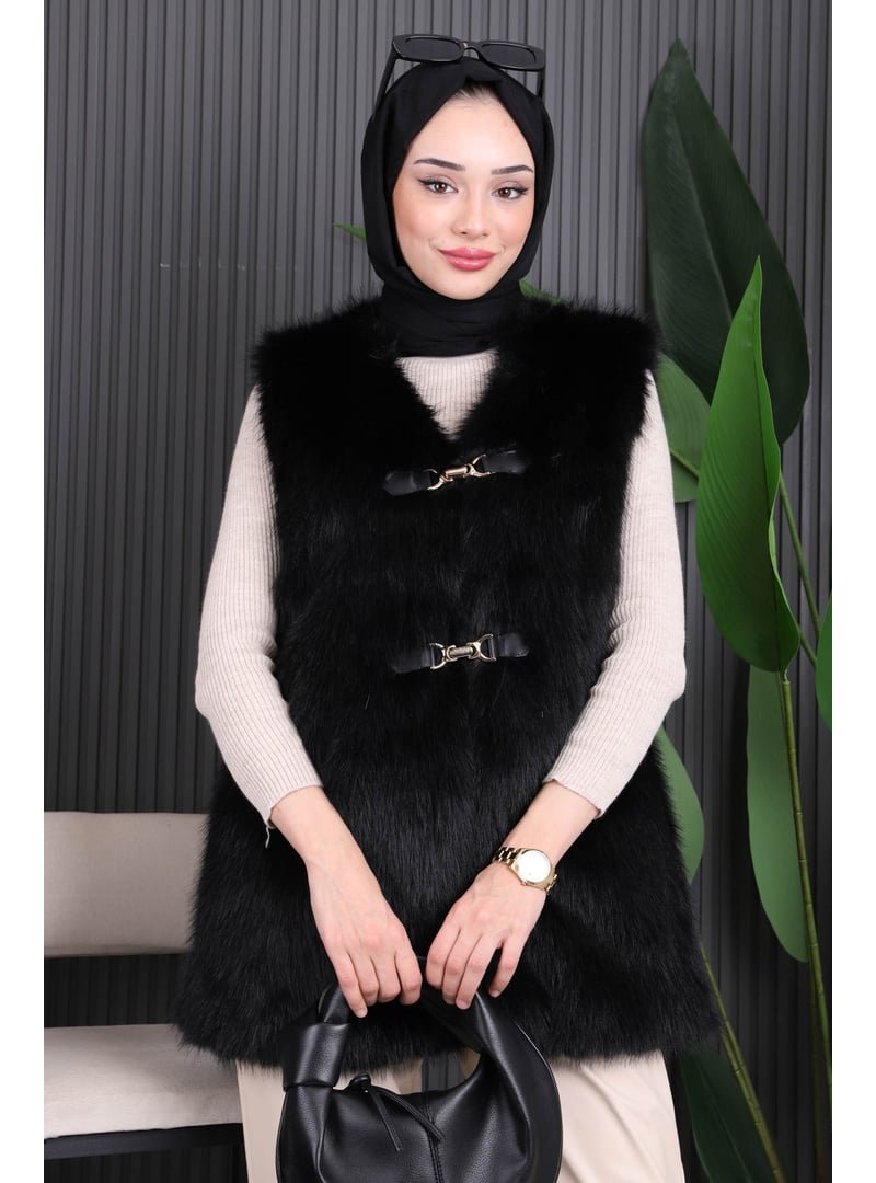 İmaj Butik Siyah Ön Detaylı Kürk Yelek