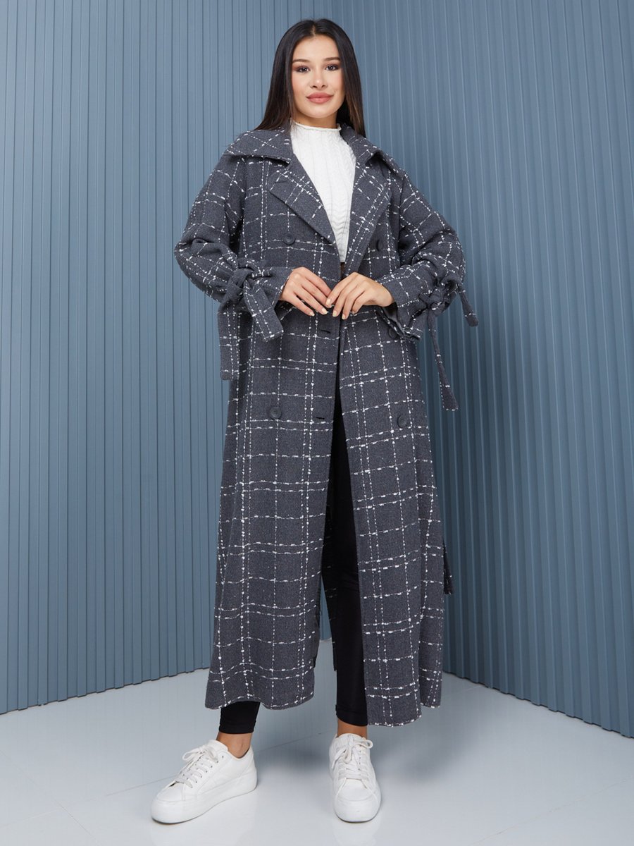 Sahra Afra Gri Ekose Kadın Oversize Trençkot
