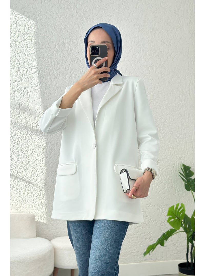 Salih Çelebi Beyaz Tek Düğmeli Blazer Ceket