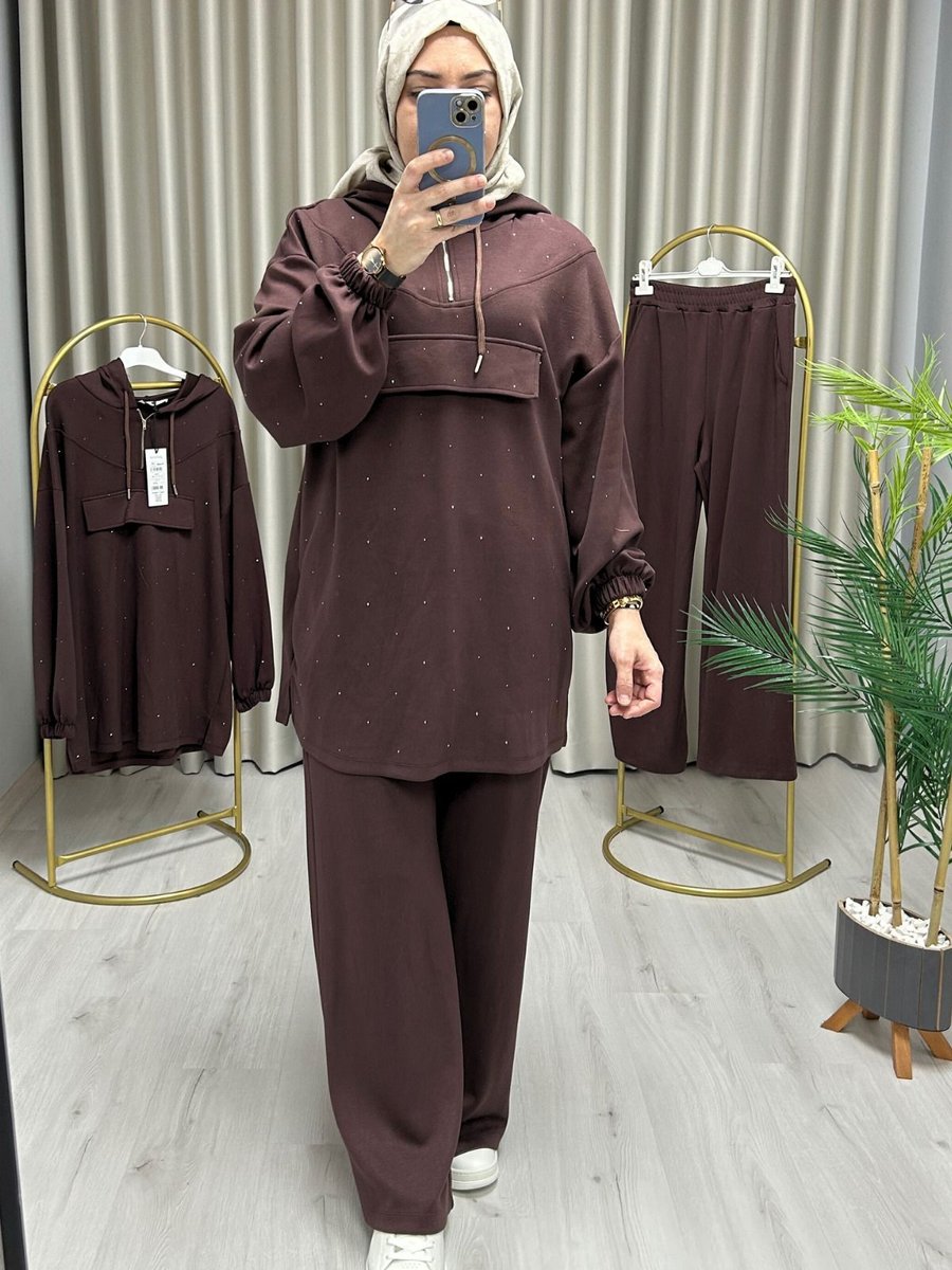 Puane Taş Baskılı Kapüşonlu Takım Trend Moda Store
