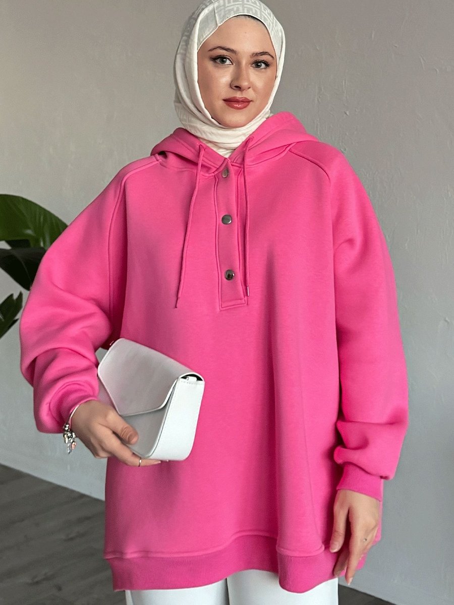 Instyle Çıtçıt Yaka Kapüşonlu Pembe Sweat