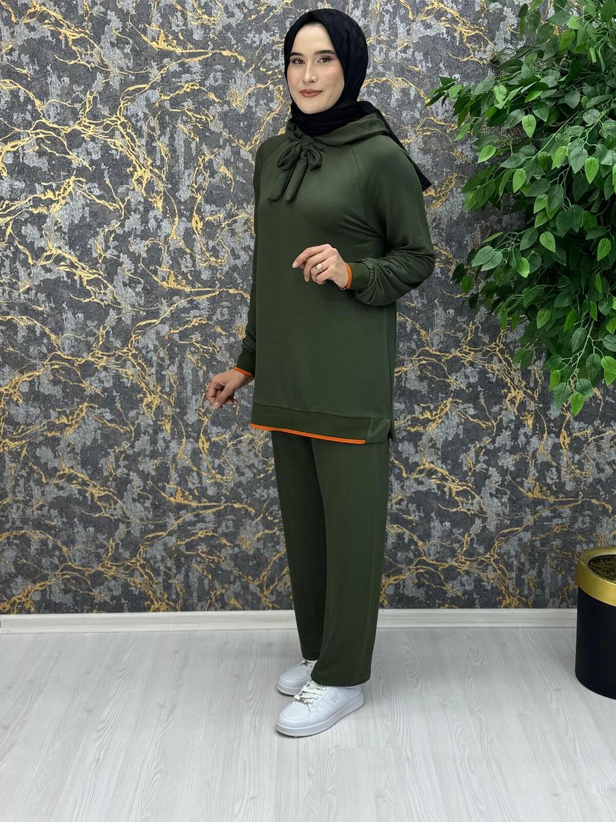 Moda Scuba Kumaş Yarasa Kol Kapüşonlu Takım