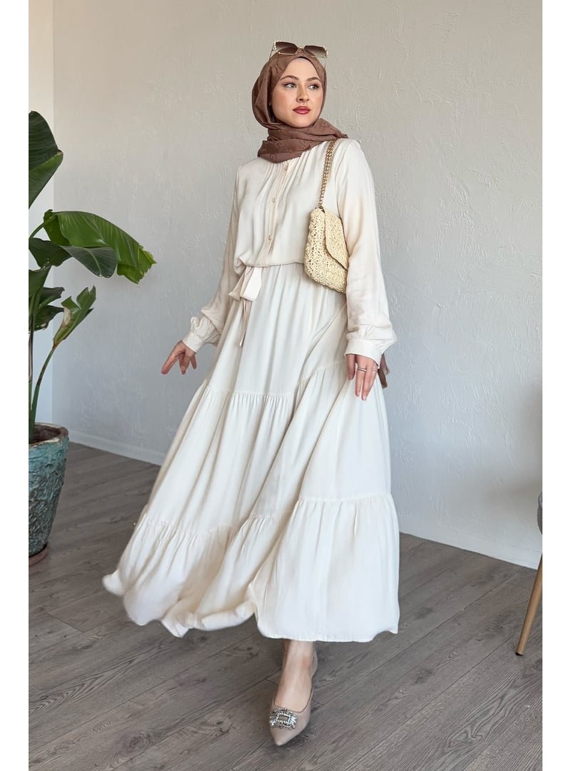 InStyle Kuşaklı Belmando Ekru Elbise