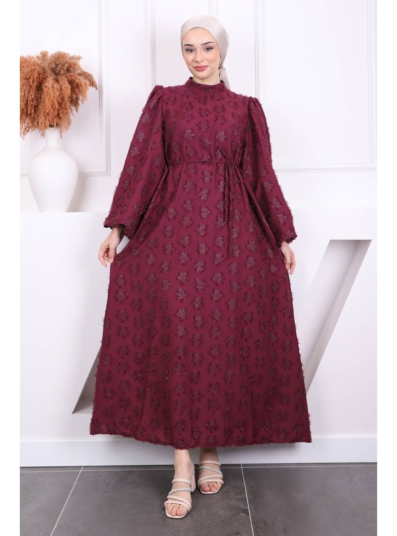 İmaj Butik Bordo Balon Kol Kuşaklı Elbise