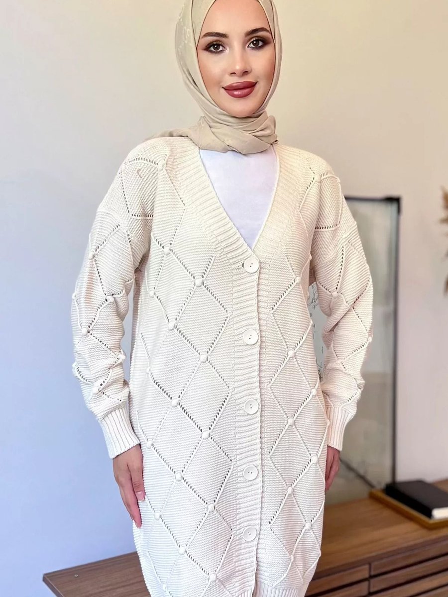 Julude Krem Örgülü Triko Hırka