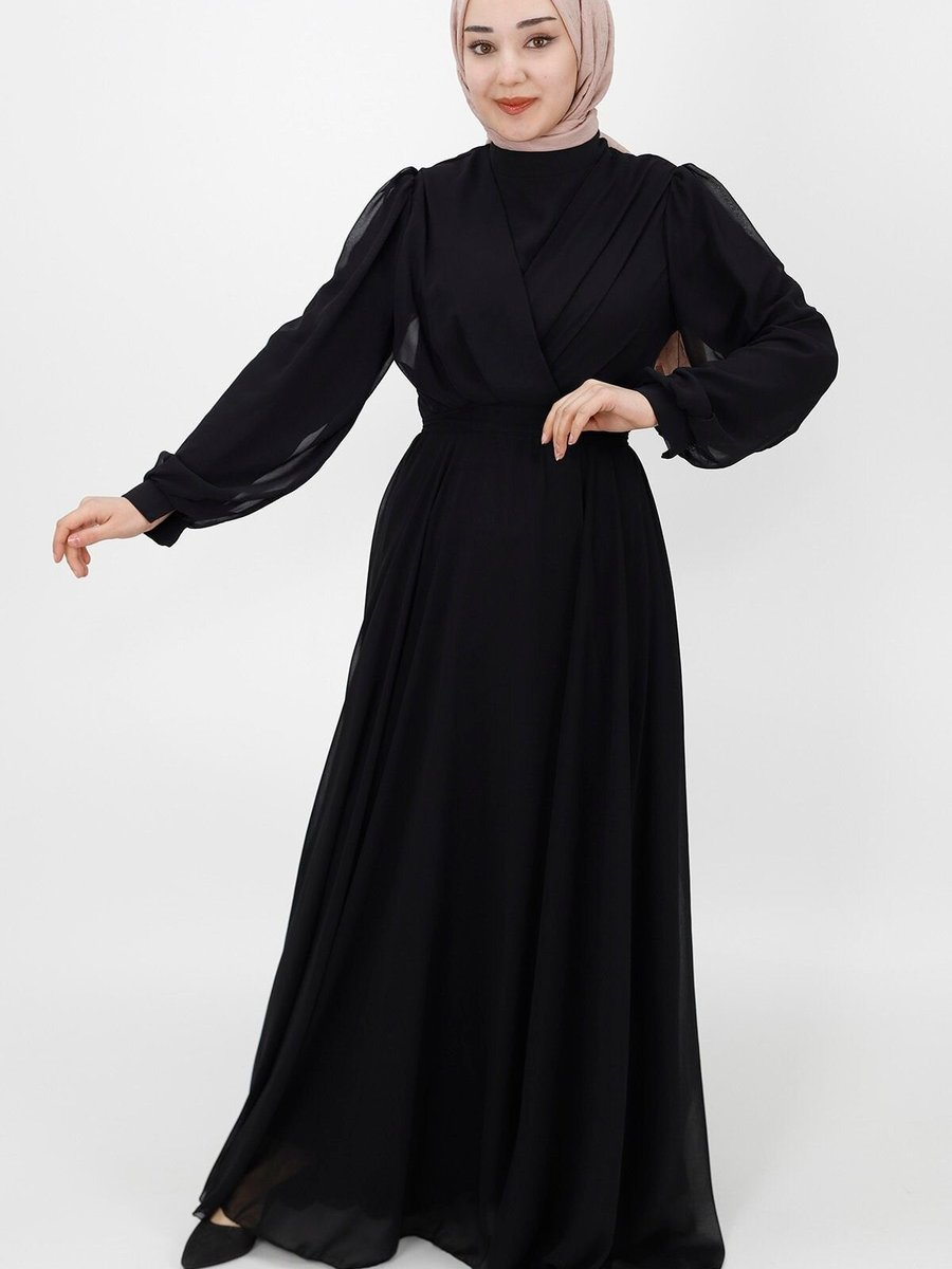 Butik Siyah Kruvaze Yaka Görünümlü Şifon Kumaş Abiye Elbise