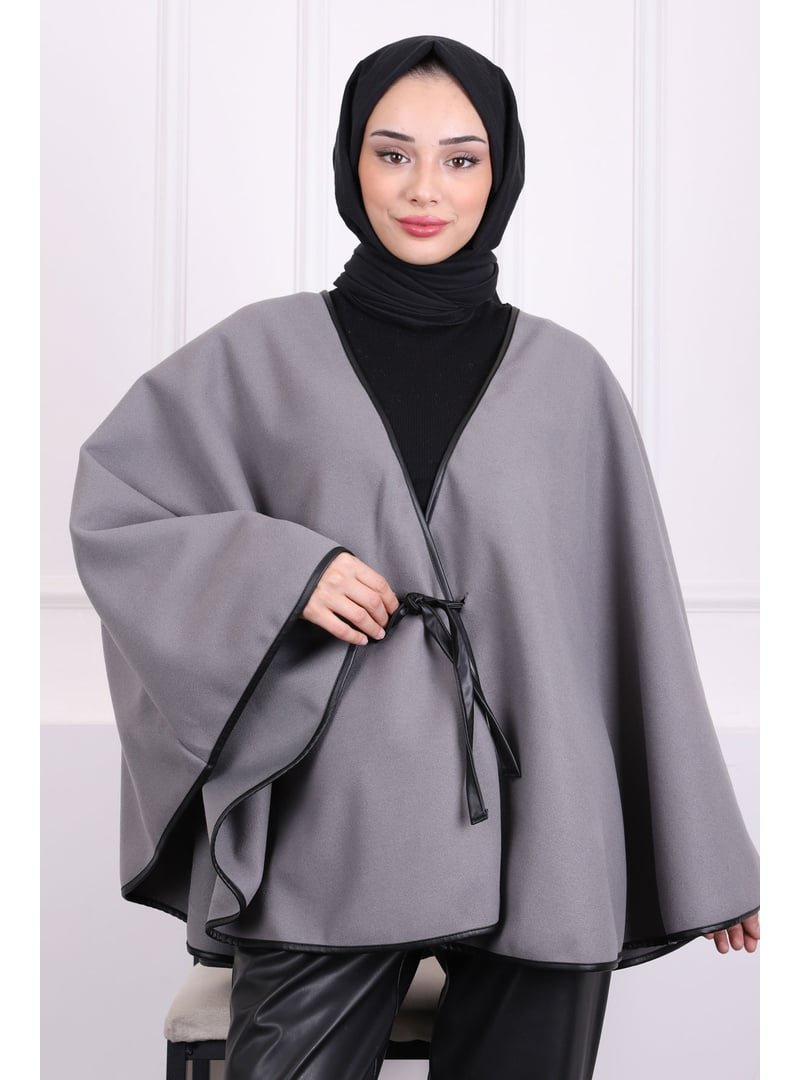 İmaj Butik Gri Biyeli Bel Bağlamalı Panço