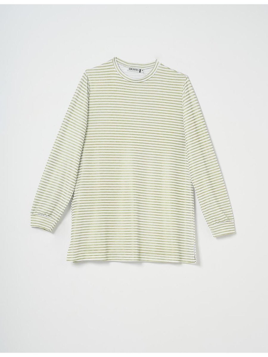 Kayra Çizgili Sıfır Yaka Sweatshirt Fıstık Yeşili