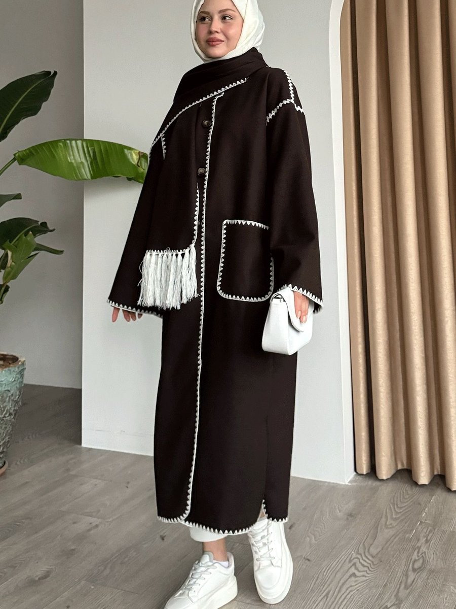 Instyle Atkılı Cepli Kaşe Uzun Koyu Acı Kahve Ceket