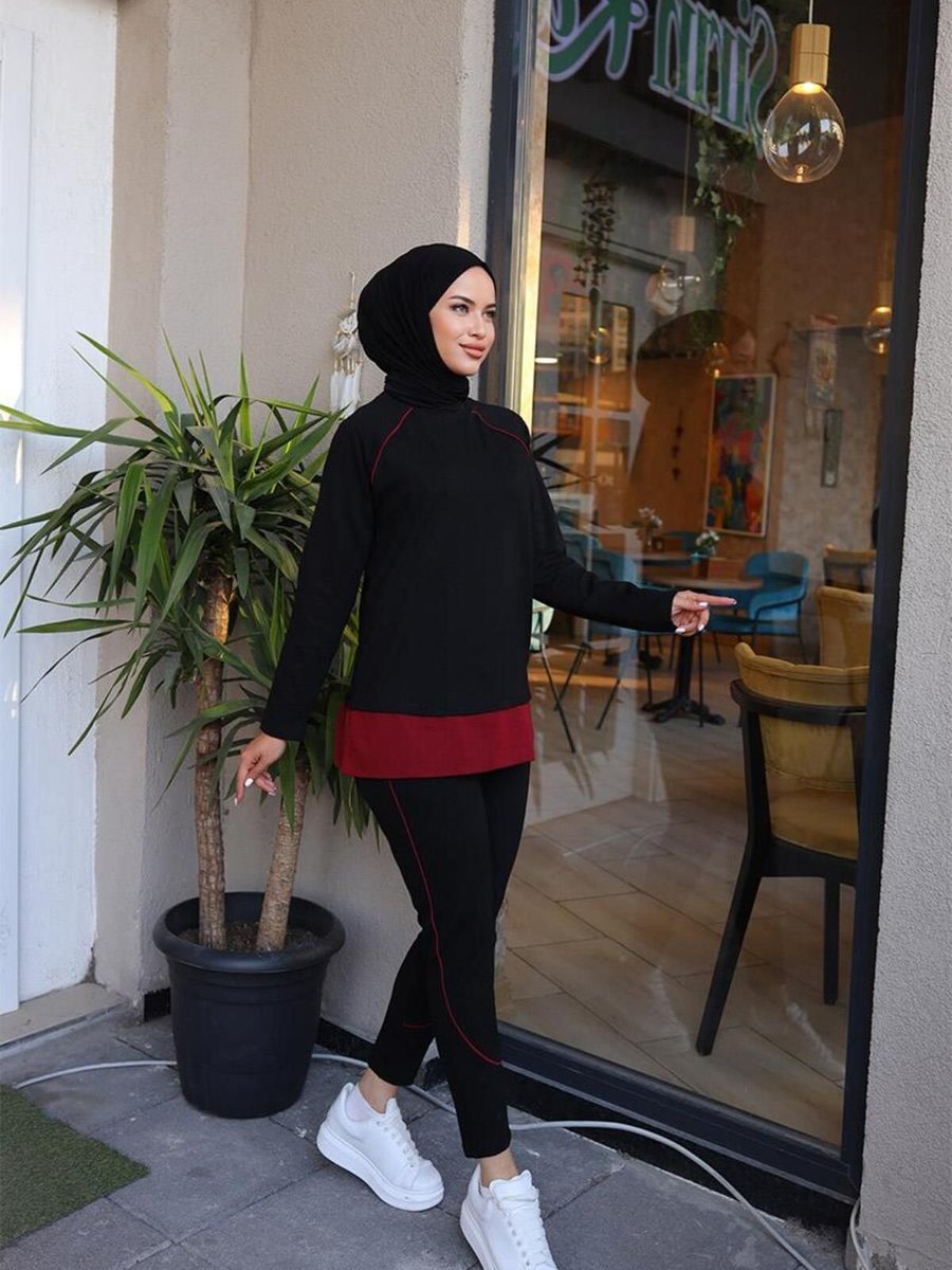 Burcu Tesettür Biye Detalı İkili Eşofman Takımı Siyah Bordo