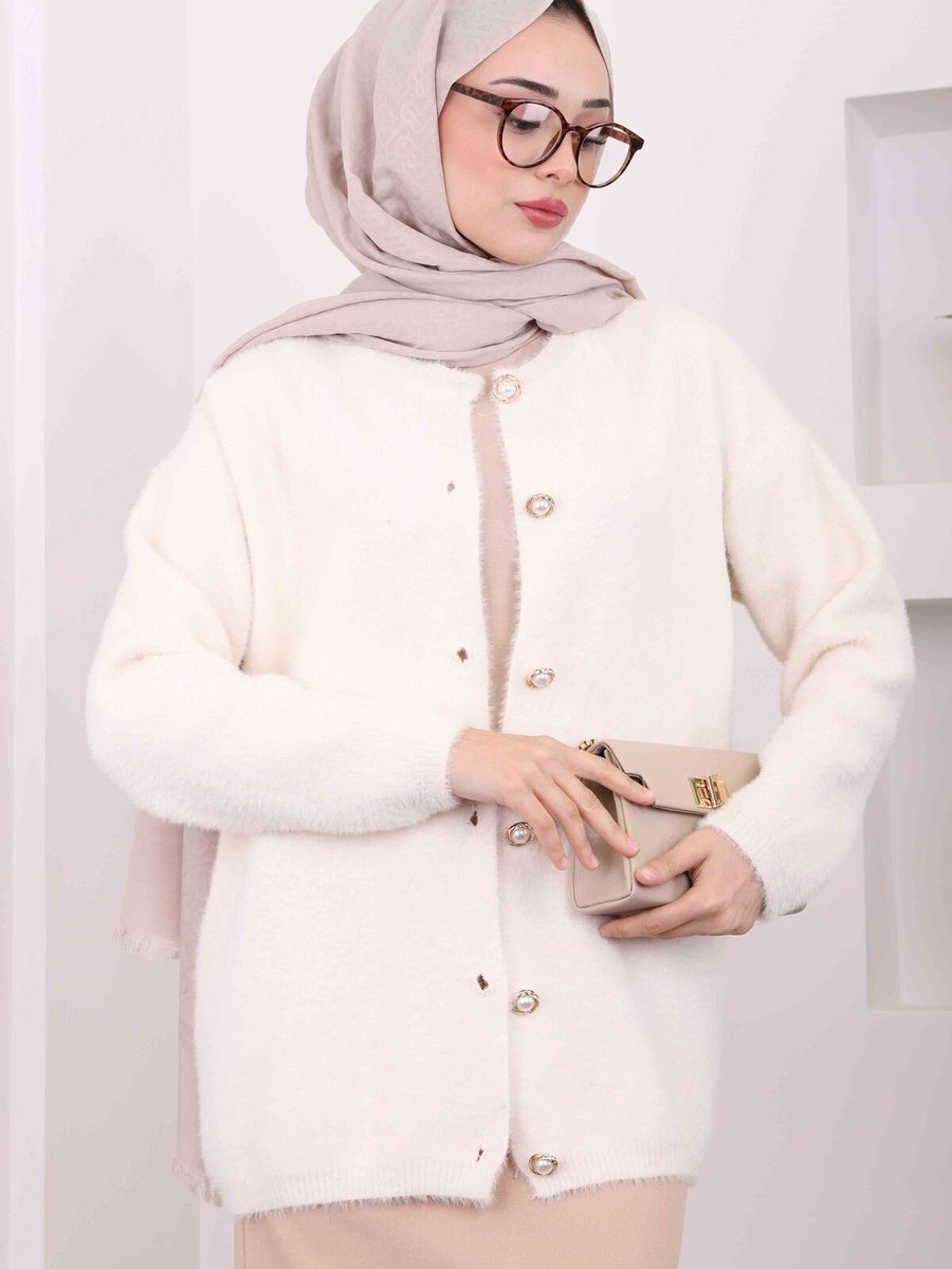 İmajbutik Ekru Düğmeli Angora Triko Hırka