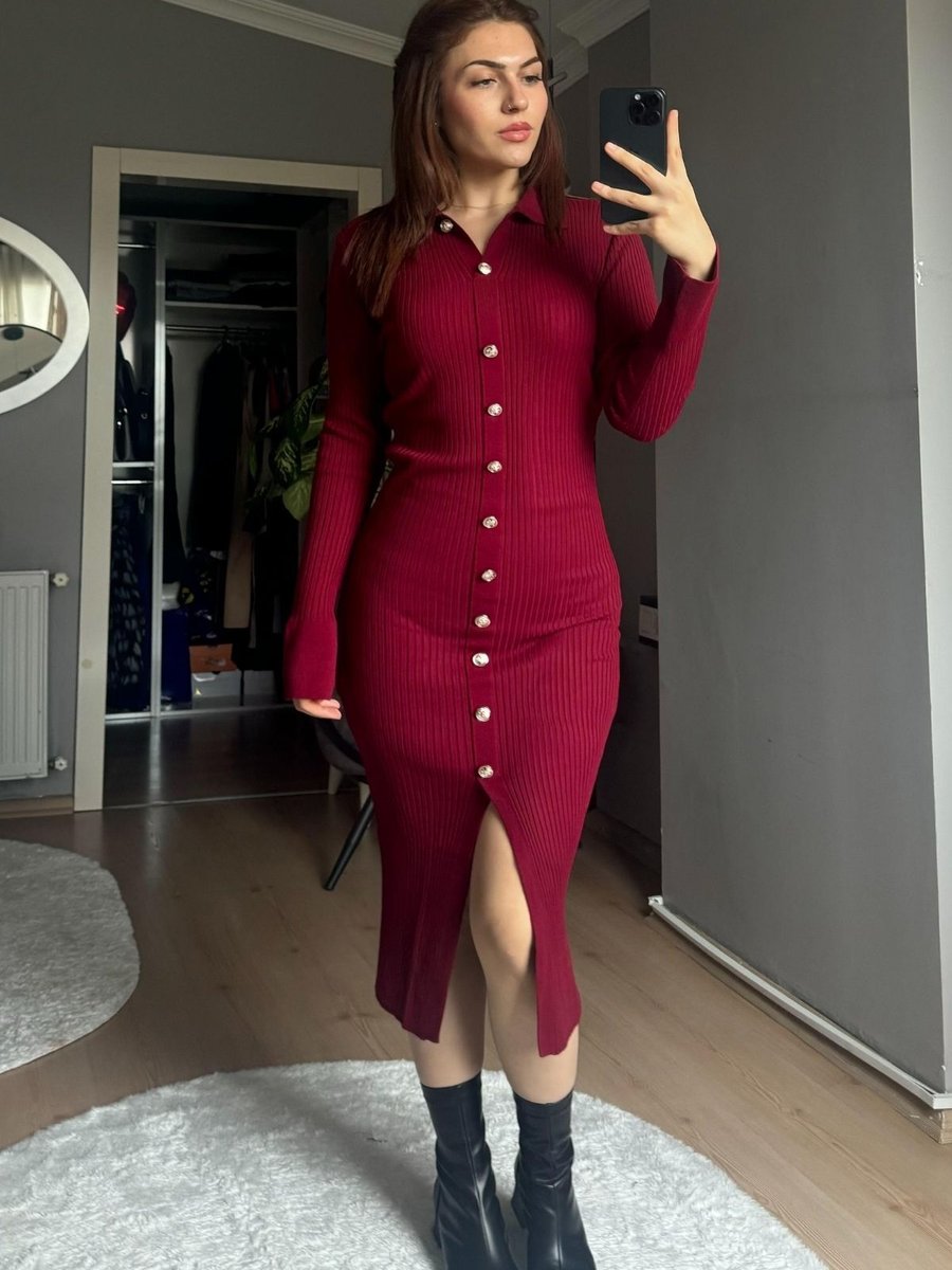 Qenz Düğme Detaylı Triko Elbise Bordo