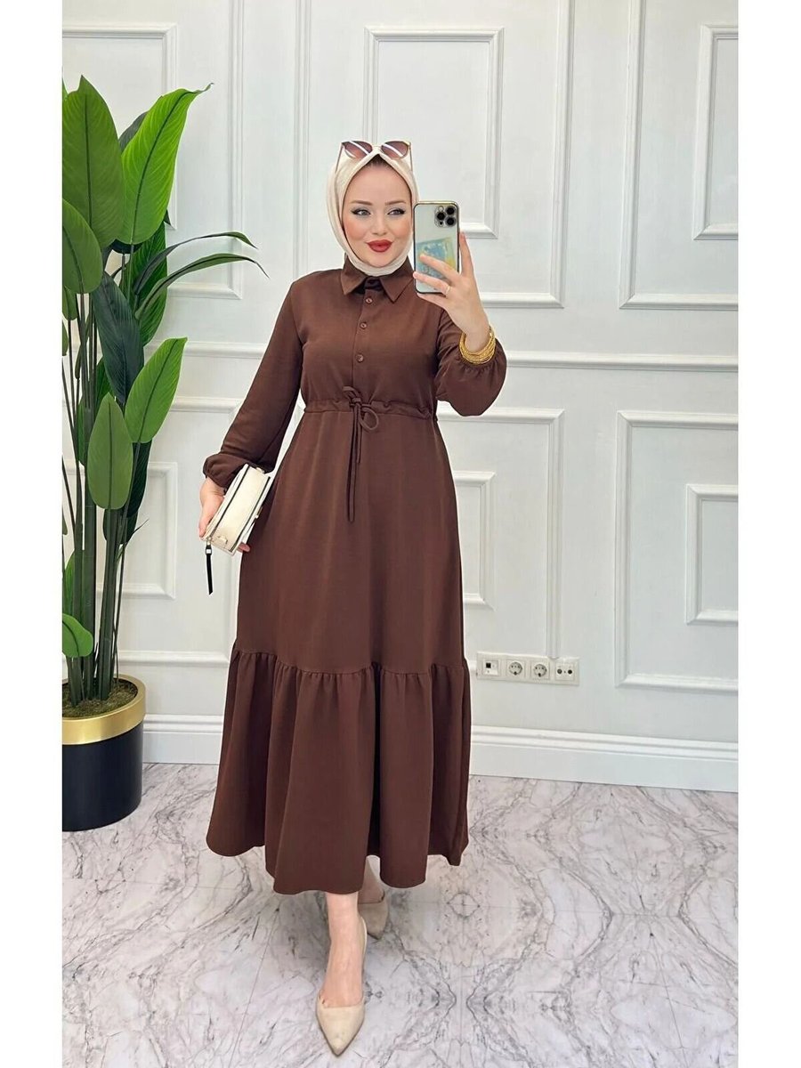 VOLT CLOTHİNG Kahverengi Bel Tünel Detaylı Elbise