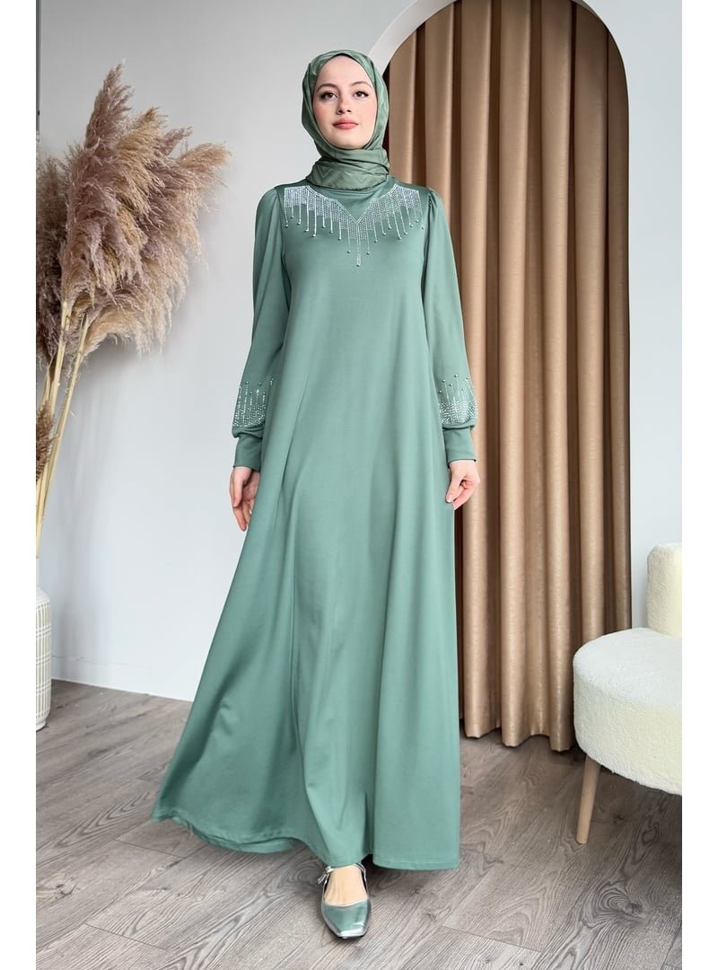 InStyle Taşlı İncili Mint Yeşili Scuba Elbise