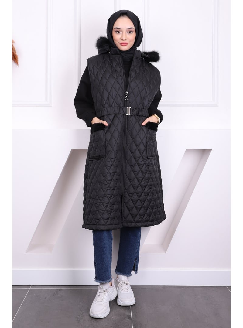 İmaj Butik Siyah Kapüşonu Kürklü Kapitone Yelek