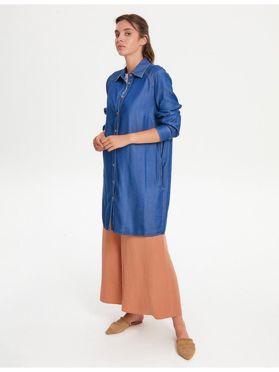 Kayra Ahşap Düğmeli Denim Tunik Lacivert