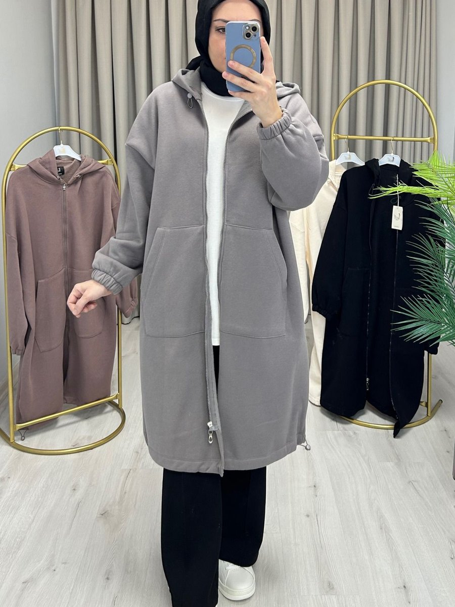 İkoll Kanguru Cepli Oversize Uzun Bomber Hırka