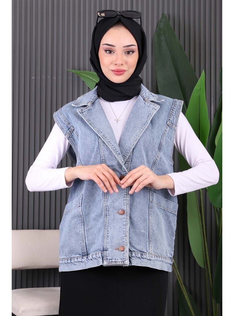 İmaj Butik Mavi Cepli Düğmeli Kot Yelek