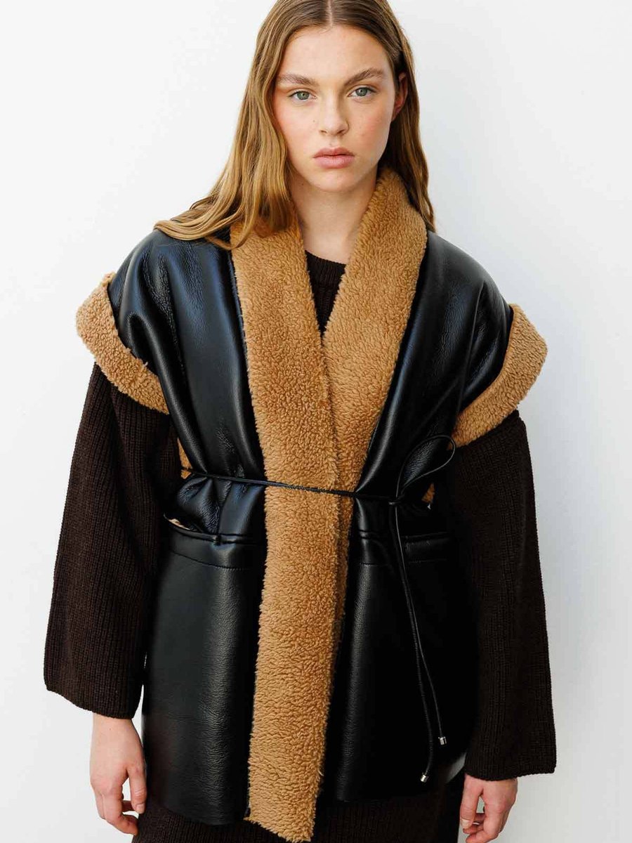 Hooopstore Şal Yaka Kürklü Deri Yelek Camel
