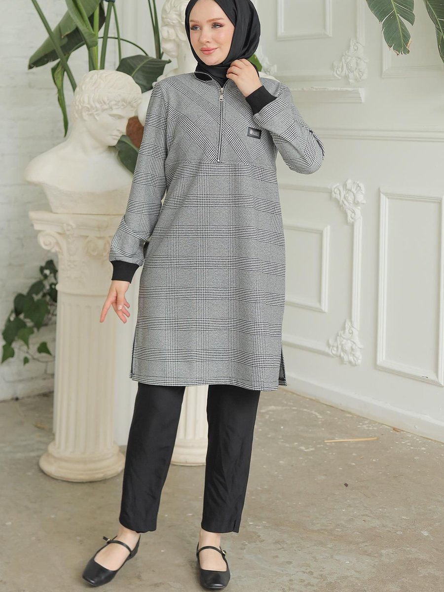 Armine Trend Yarım Fermuarlı Kolları Ribanalı Tunik Siyah