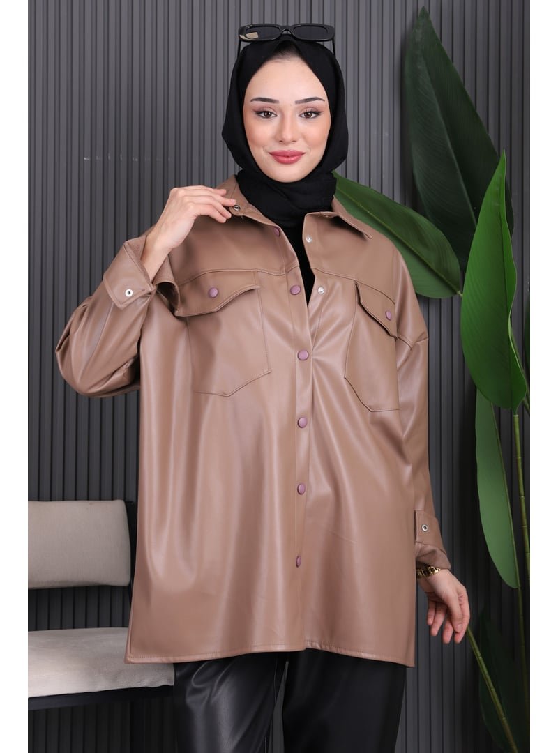 İmaj Butik Vizon Çift Cepli Deri Gömlek