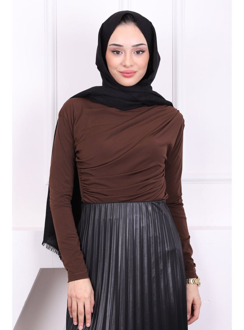 İmaj Butik Kahverengi Balıkçı Yaka Drapeli Sandy Bluz