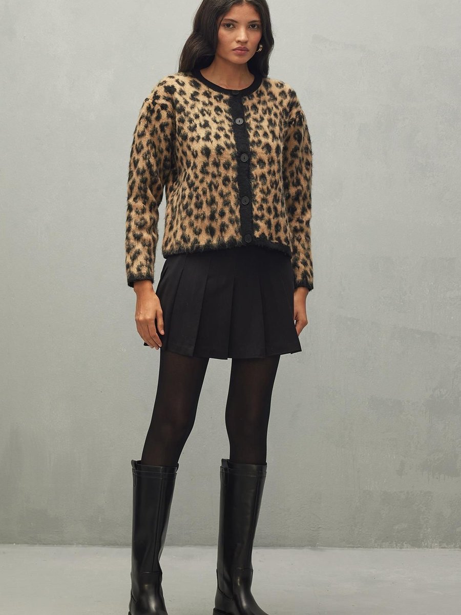 Fahhar Leopar Desen Crop Hırka Kahverengi