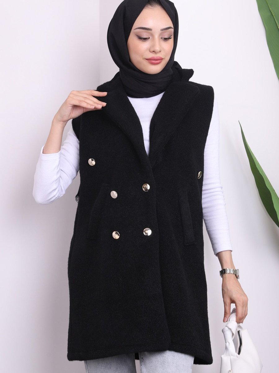 İmajbutik Siyah Kruvaze Yaka Düğmeli Angora Yelek