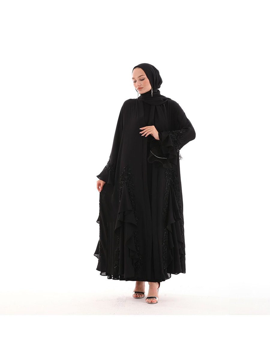 Gülsemali Lüks Star Black Şık Abaya Krep Şifon Kalite Kumaş El İşlemeli Dantel