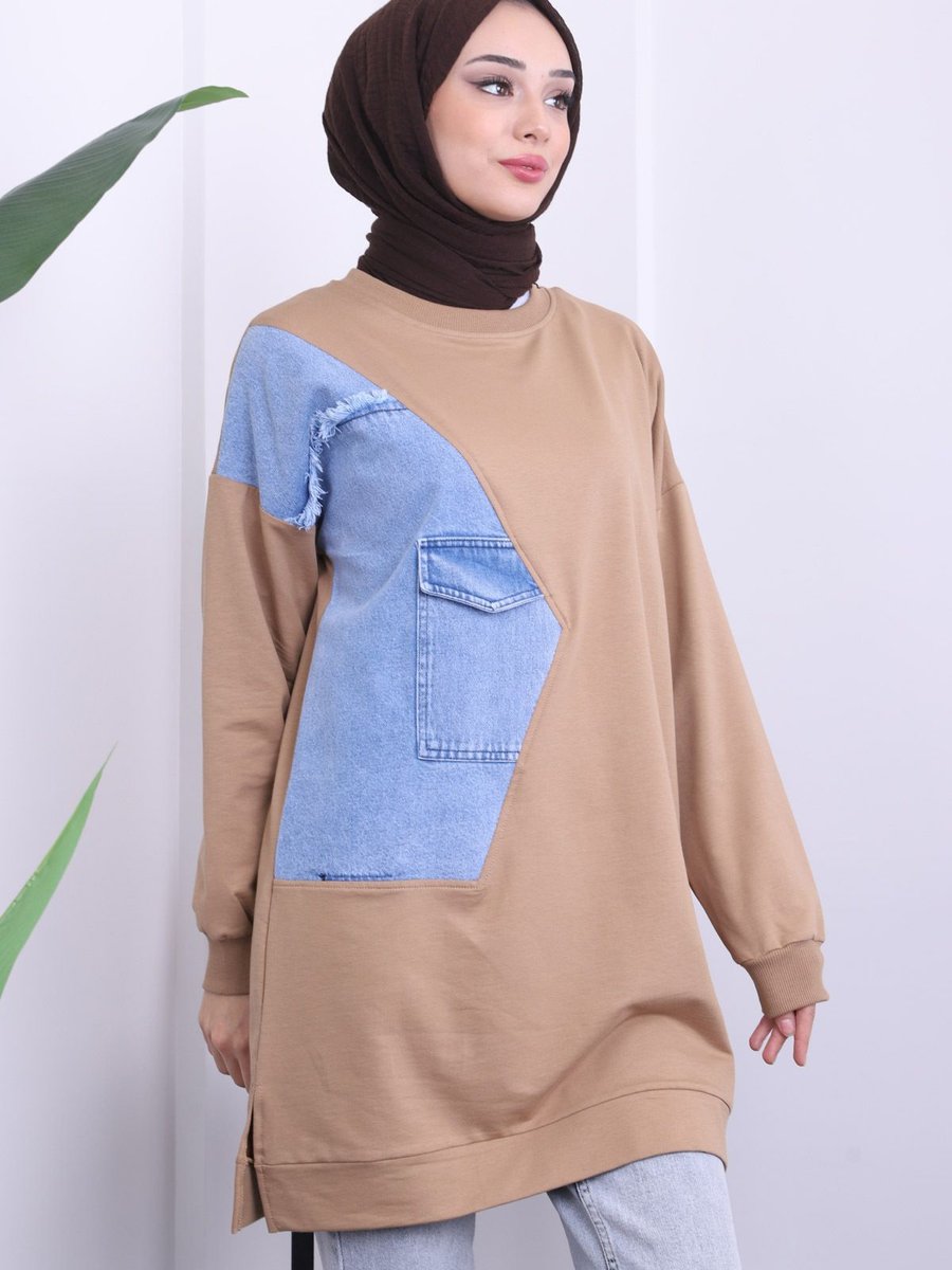 İmajbutik Bisküvi Kot Detaylı Bisiklet Yaka Iki Iplik Sweat