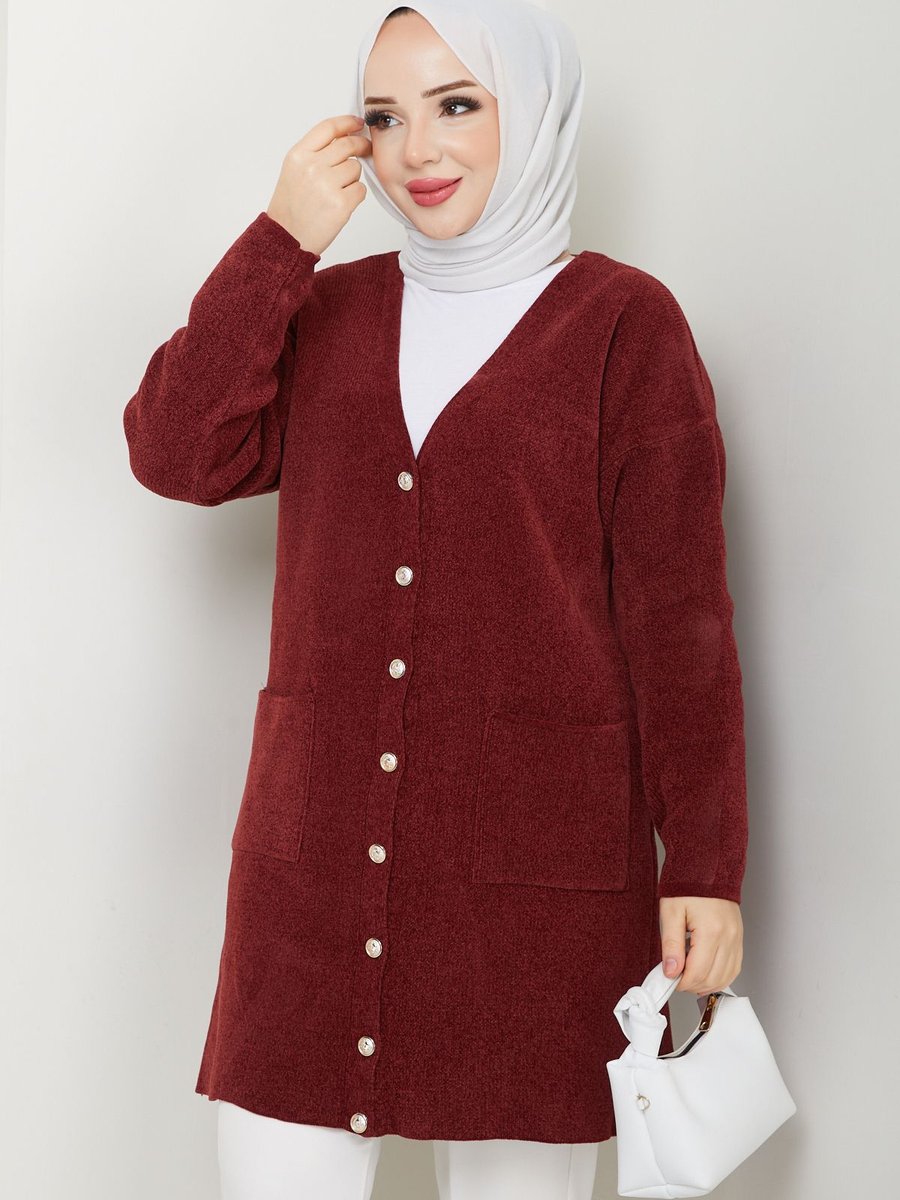 Pamuk Butik Şönil Kadife İplik Cepli Triko Hırka