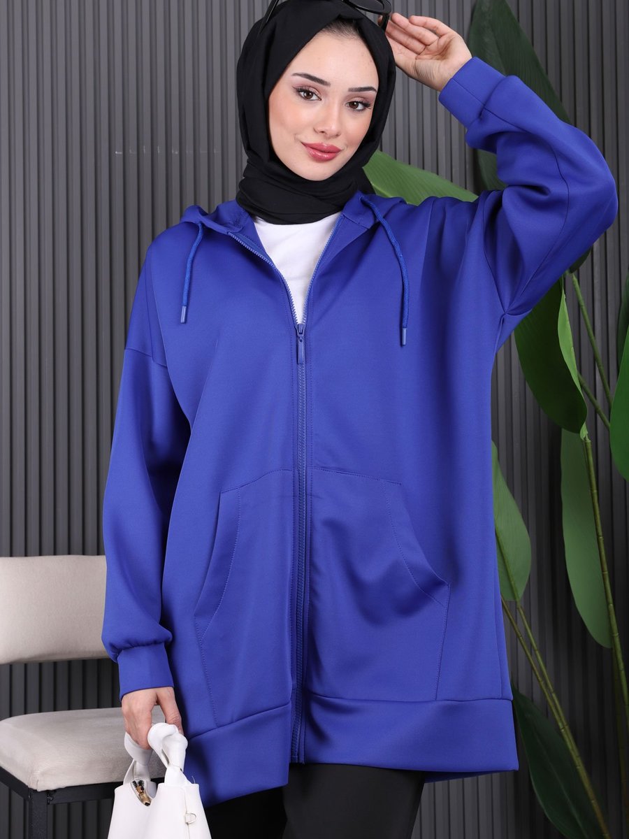 İmaj Butik Saks Mavi Fermuarlı Cepli Scuba Hırka