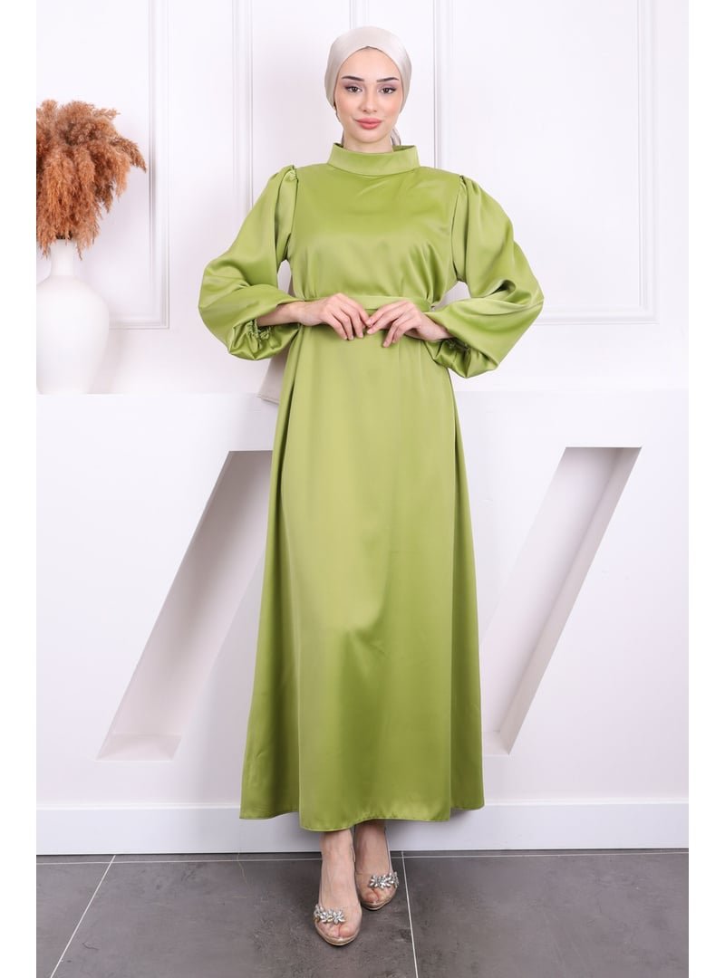 İmaj Butik Yağ Yeşili Hakim Yaka Balon Kol Saten Abiye Elbise
