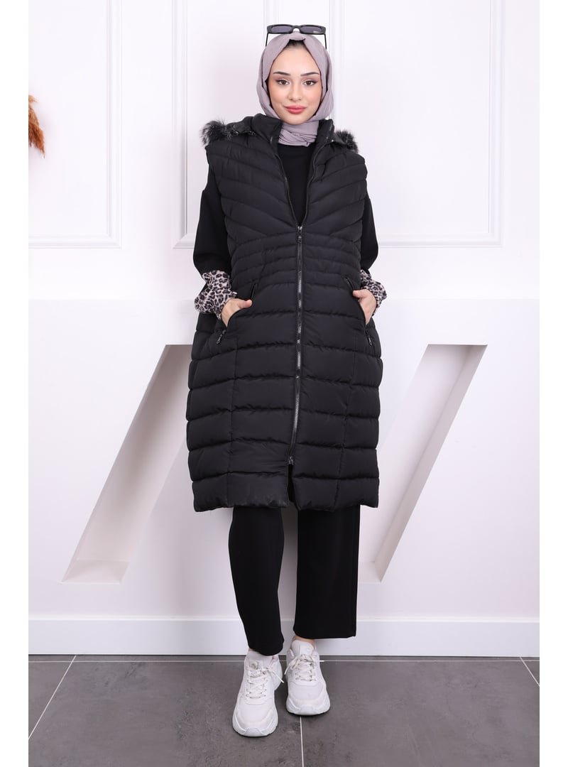 İmaj Butik Siyah Büyük Beden Kürklü Şişme Yelek