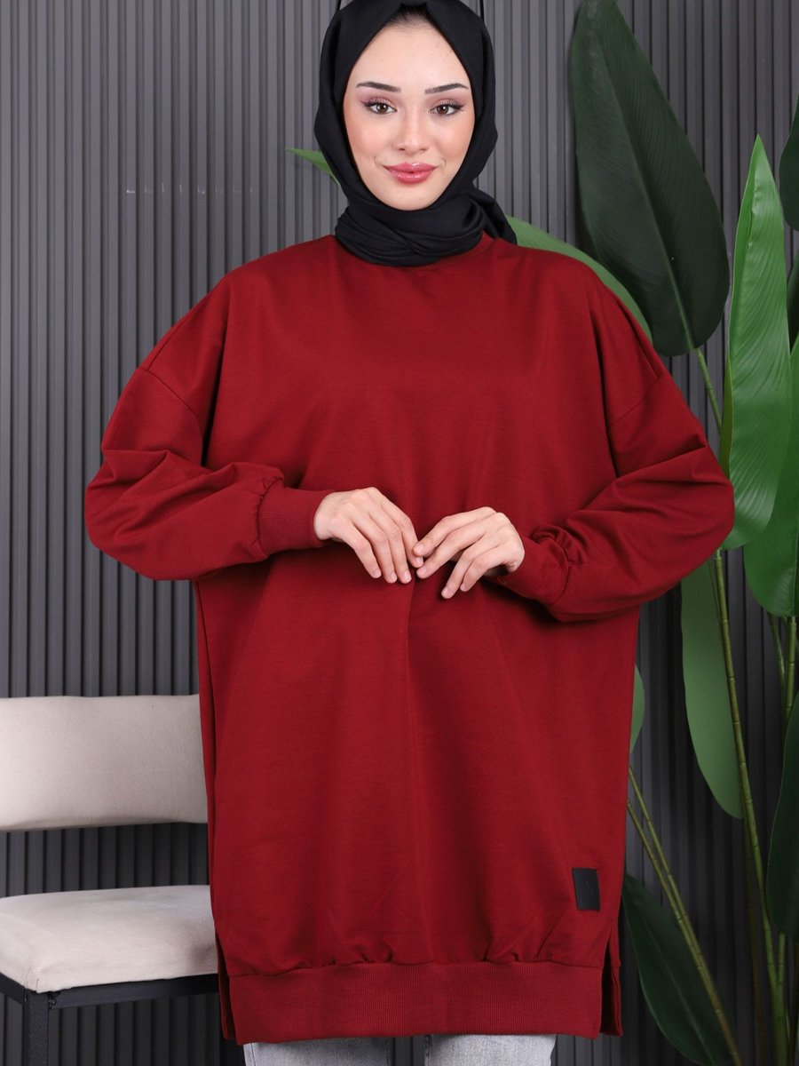 İmajbutik Bordo Bisiklet Yaka Yan Yırtmaçlı Sweat