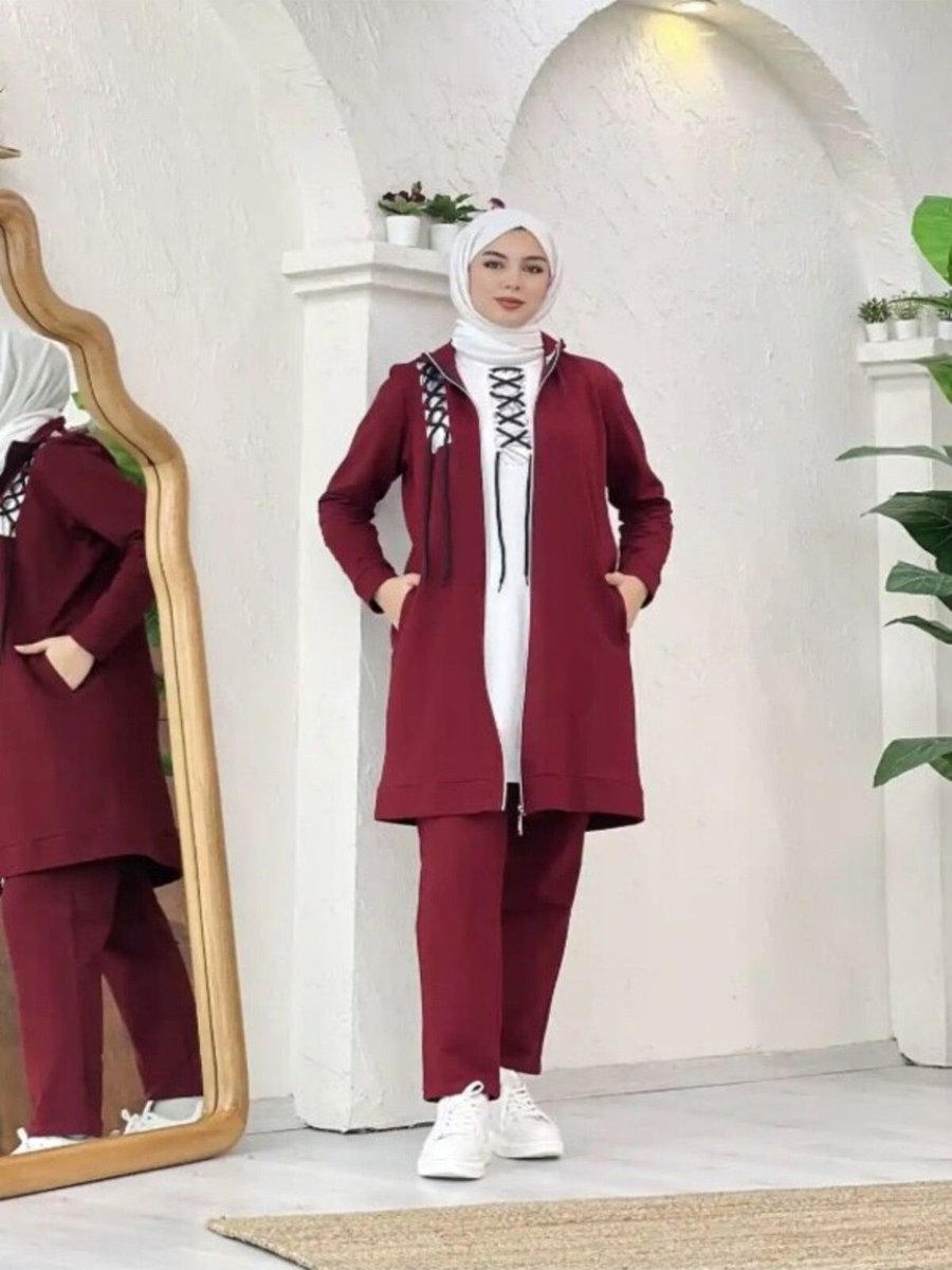 Kokosh İki İplik Kumaş Bağcık Süslemeli Önü Fermuarlı Üçlü Takım