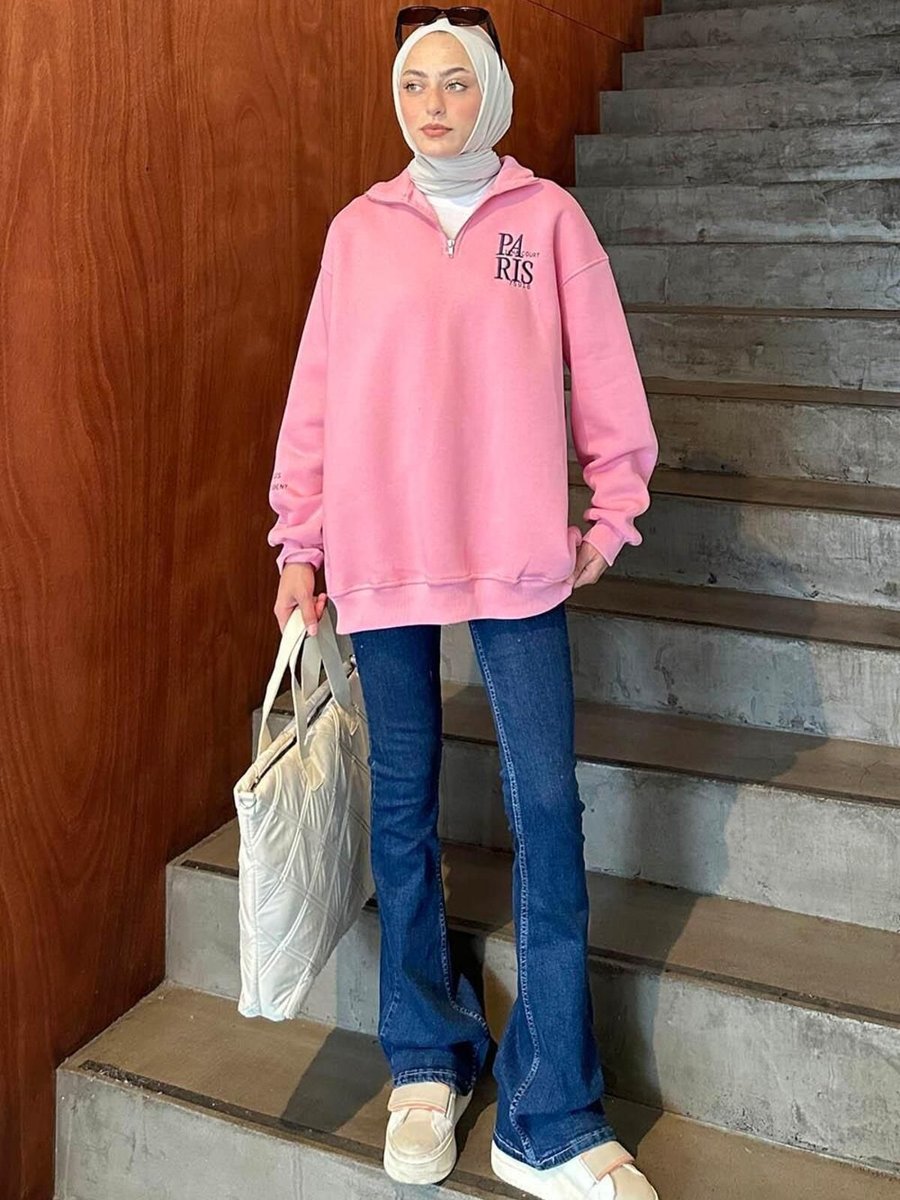 Lamelif Fermuar Yakalı Paris Nakışlı Sweatshirt Pembe