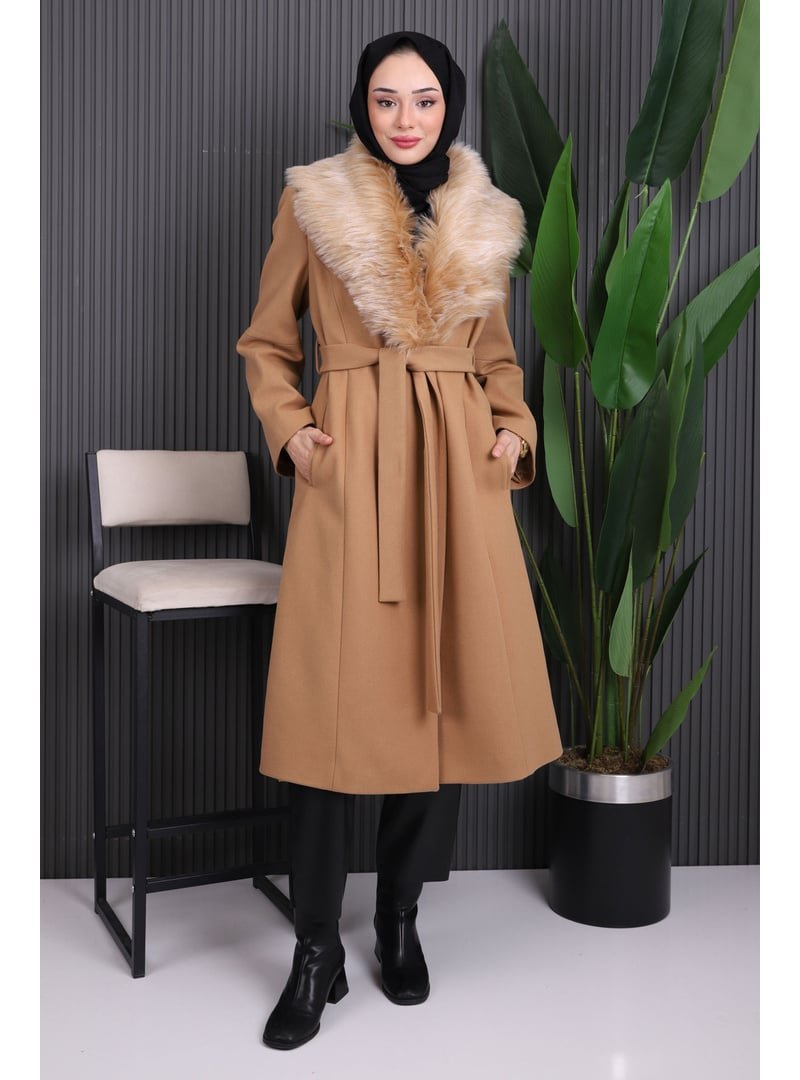 İmaj Butik Camel Yaka Kürklü Kaşe Kaban
