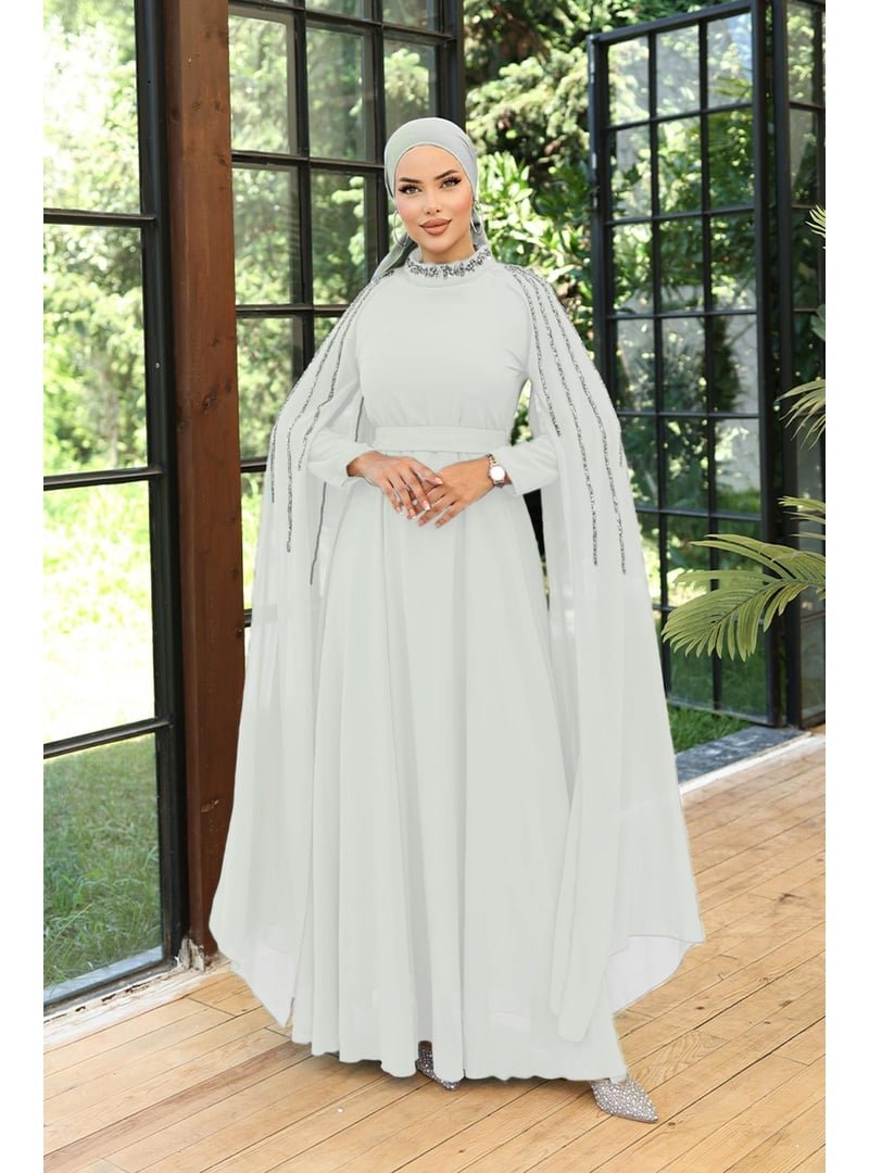 Hakimoda Beyaz Laren Şifon Abiye Elbise