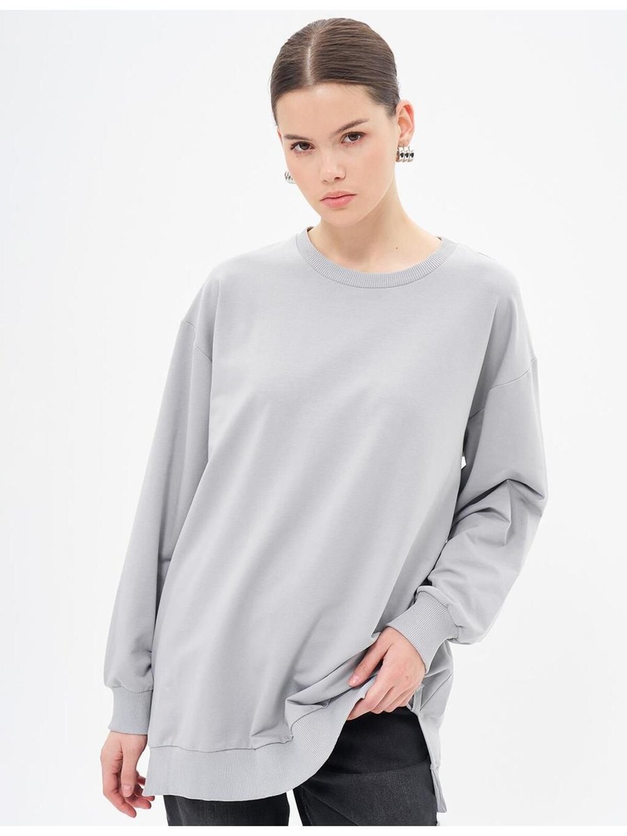 Kayra Sıfır Yaka Düşük Omuz Sweatshirt Gri